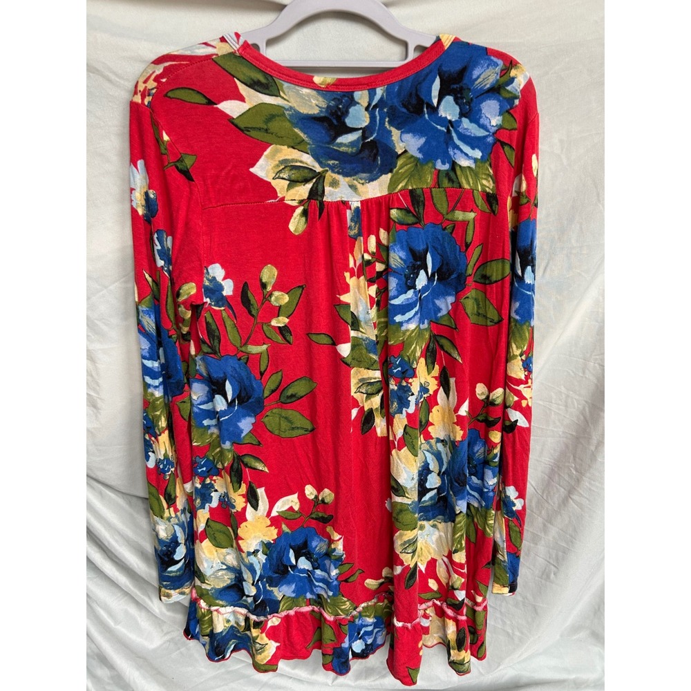 Jodifl Red Floral Ruffle Hem Tunic Top Small Boho Long Sleeve High Low Blouse - Picture 2 of 6